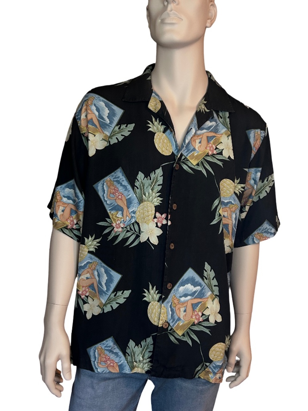 Tommy Bahama Shirt Pinup Girl Pattern 100% Silk Floral Tiki Hawaiian Made Hawaii